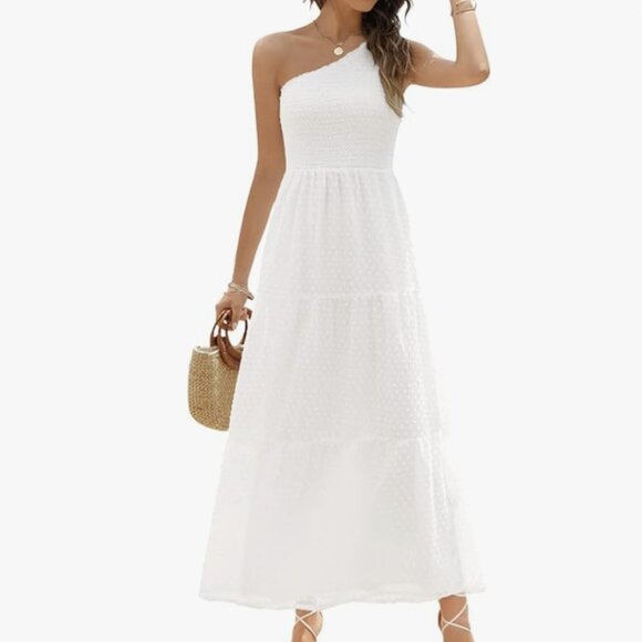 Zattcas L White Swiss Dot One Shoulder Maxi Dress - Picture 1 of 7